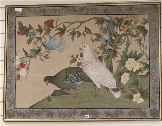 A silkwork panel of doves 81 x 110cm excl. frame